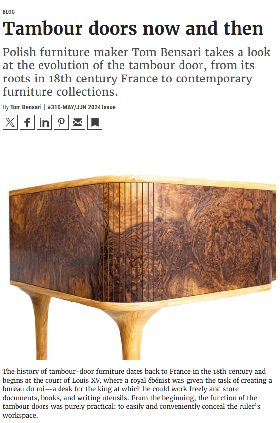 Komoda z drzwiami roletowymi wykonana z naturalnego forniru o wyrazistym rysunku słojów, projekt i wykonanie Tom Bensari, prezentowana w artykule Fine Woodworking.