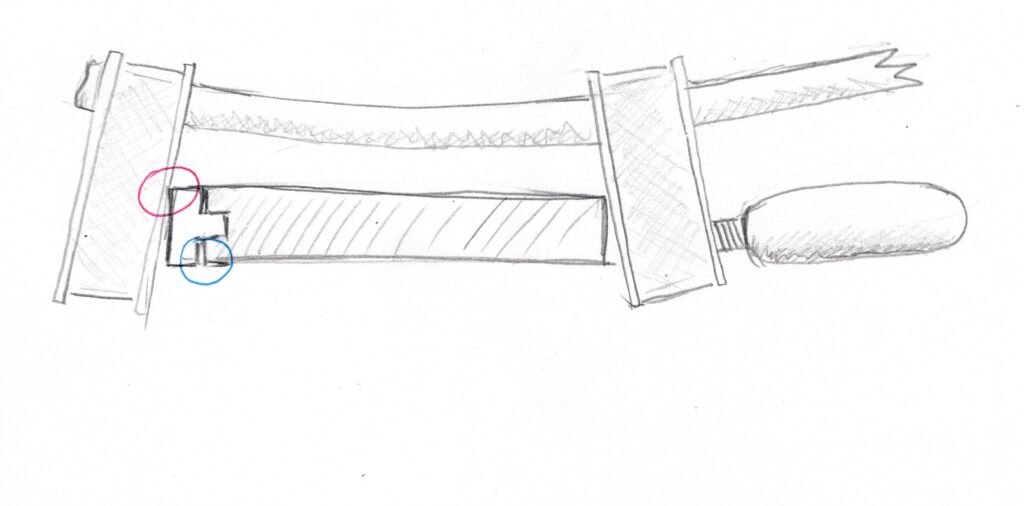 Diagram showing force application shift when using a parallel-jaw clamp for edge banding, causing uneven pressure and a gap