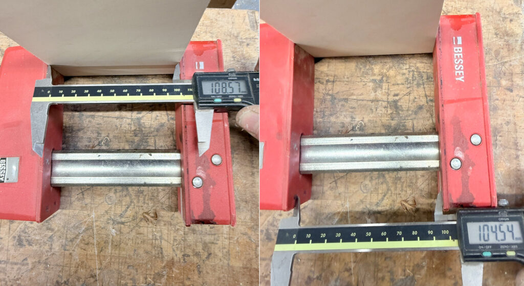 Bessey parallel-jaw clamp pressing plywood showing approximately 4 mm difference between jaw contact points