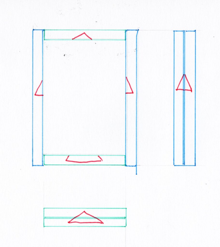oznaczanie elementów do wykonania jaskółczych ogonów trójkątem stolarskim układ skrzyniowy i połączenie typu L trasowanie Bensari Workshop