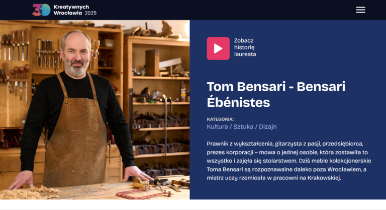 Tom Bensari w pracowni stolarskiej przy stole warsztatowym, tradycyjne narzędzia ręczne i proces pracy w Bensari Workshop we Wrocławiu