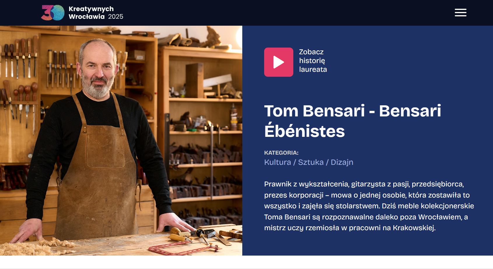 Tom Bensari w pracowni stolarskiej przy stole warsztatowym, tradycyjne narzędzia ręczne i proces pracy w Bensari Workshop we Wrocławiu