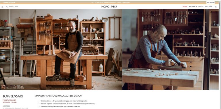 Tom Bensari featured in the Homo Faber Guide, photographed in Bensari Workshop in Wrocław, Poland. The images show the furniture maker in his workshop, surrounded by hand tools and furniture-making equipment, reflecting his commitment to traditional woodworking techniques, craftsmanship and contemporary collectible design.