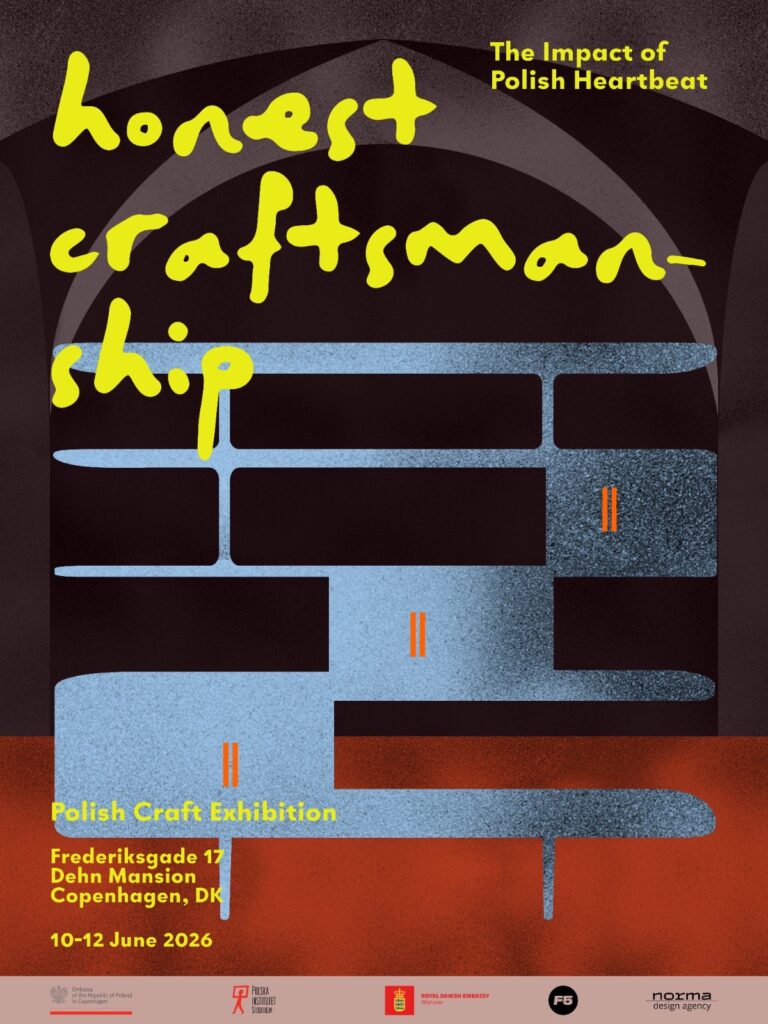 Plakat wystawy Honest Craftsmanship – The Impact of Polish Heartbeat organizowanej podczas 3 Days of Design 2026 w Kopenhadze. Grafika przedstawia abstrakcyjną, geometryczną formę przypominającą nowoczesny regał lub architektoniczną konstrukcję w odcieniach srebra, grafitu i czerwieni. Na ciemnym tle widoczny jest odręczny, żółty napis „honest craftsmanship”. W dolnej części plakatu znajdują się informacje o wystawie, lokalizacji Dehn Mansion w Kopenhadze oraz datach 10–12 June 2026.